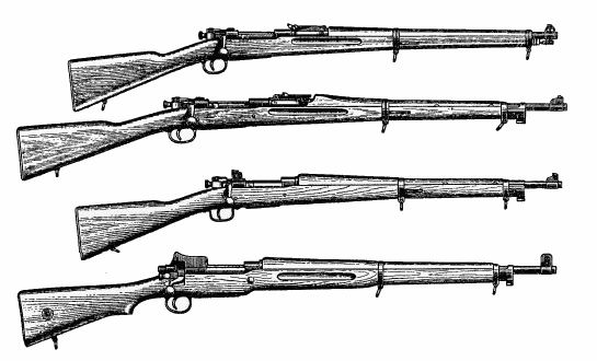 Od góry: M1903 w wersji na nabój 30-03, M1903 w wersji na nabój 30-06, M1903A1, M1903A3