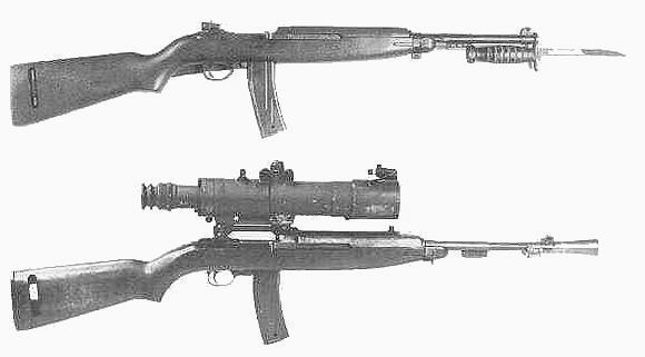 Od góry: karabinek automatyczny M2 Carbine z bagnetem M4 oraz M3 Carbine z celownikiem M2 Sniperscope
