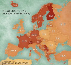 Liczba broni na 100 mieszkańców w Europie